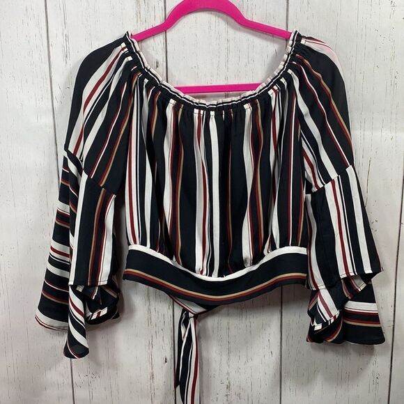 Guess Striped Off The Shoulder Bell Sleeve Blouse - Picture 13 of 16